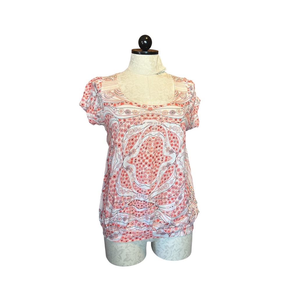 Free People Pink Orange Paisley Floral Bubble Hem Blouse Top Linen Blend Sz L